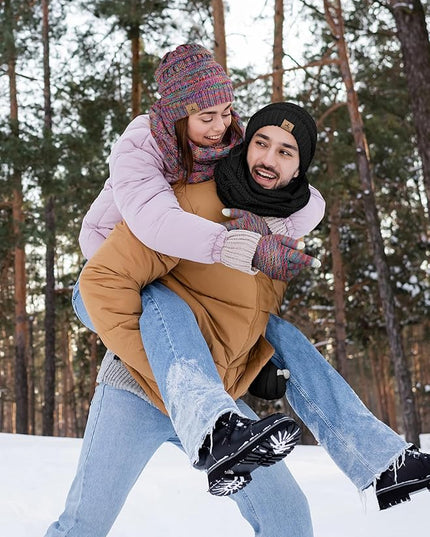 Winter Beanie Hat Scarf Gloves, Warm Fleece Knit Hats Touch Screen Gloves Neck Scarf Set Winter Gifts for Unisex Adult