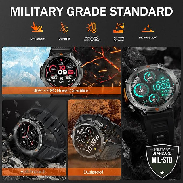 Military Smart Watch for Men with LED Flashlight 1.45” Rugged 3ATM Waterproof Smart Watch with 100+ Sports Modes Fitness Tracker with Heart Rate Sleep Monitor Tactical Smartwatch for iPhone Android