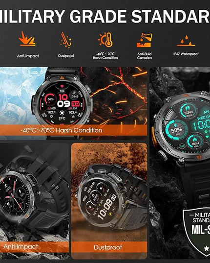 Military Smart Watch for Men with LED Flashlight 1.45” Rugged 3ATM Waterproof Smart Watch with 100+ Sports Modes Fitness Tracker with Heart Rate Sleep Monitor Tactical Smartwatch for iPhone Android