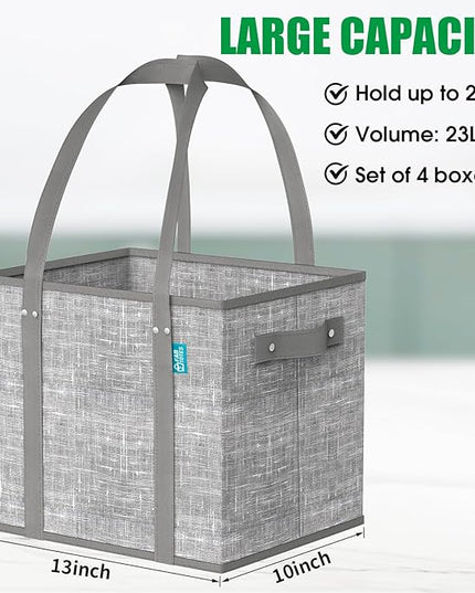 Fab totes Reusable Grocery Bags, Large Foldable Shopping Tote Bags with Reinforced Handles & Hard Bottom,4 Pack, Grey