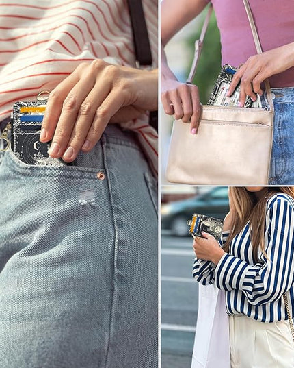 Slim Wallet Credit Card Holder, Sun and Moon FaceX, RFID Wallet Women Cute Small Front Pocket Wallet With Zipper, PU Leather Thin travel RFID Blocking Card Case ID Window,Ladies Gifts