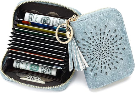 APHISON RFID Credit Card Holder Zipper Card Case Keychain Small Wallet for Women 1927 BLUE
