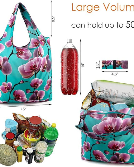 BeeGreen 12 Packs Flower Reusable Grocery Bags Reusable Tote Bags Extra Large 50LBS Cute Floral Design Foldable Reusable Bags for Women Men Lightweight Durable