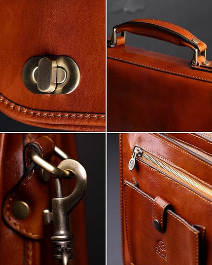 Time Resistance Leather Briefcase for Men - Italian Full Grain Leather Laptop Bag - Messenger Bag - Gift Box Included