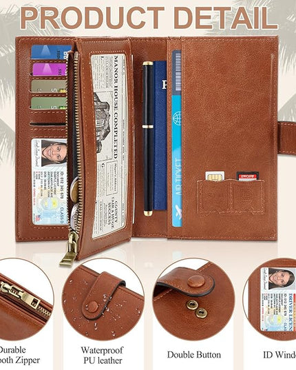 BKNOOU Rfid Blocking Passport Holder for Women and Men, Compact Travel Passport Wallet Leather Travel Wallet Trifold Clutch Wallet, Passport Cover Holds Cards, Tickets, Cash and Pen