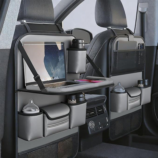 2 Pack Leather Car Backseat Organizer with Foldable Table Tray, Car Storage Organizer with Tablet Holder, Car Seat Back Protectors Kick MatsTravel Accessories
