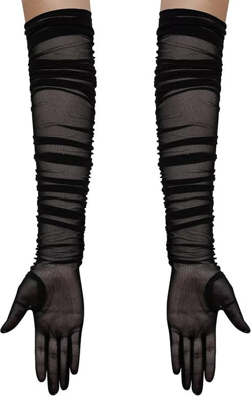 Hazhlko Women's Super Long Stretchy Ruched Mesh Tulle Sheer Gloves Costume Opera Party 1920's Dance Gloves