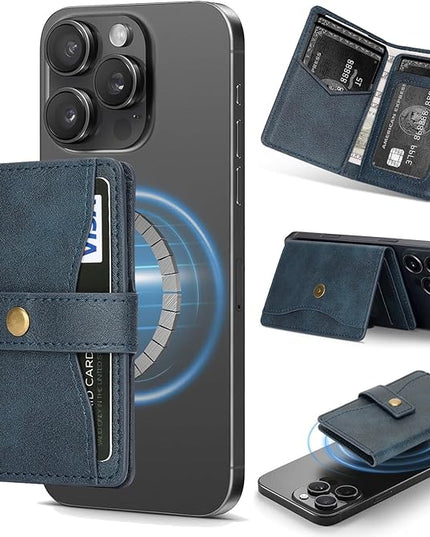 Ultra-Thin Magnetic Wallet Card Holder for iPhone and All MagSafe Protective Cases，Premium PU leather, powerful magnetic closure, stand function, 6 card slots (Blue)