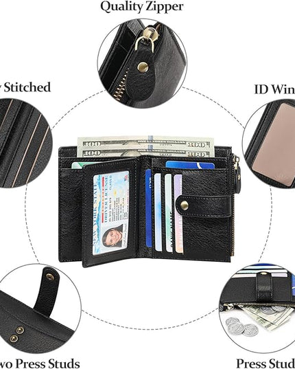 FALAN MULE Small Wallet for Women Leather RFID Blocking Bifold Credit Card Holder with Zipper Coin Pocket