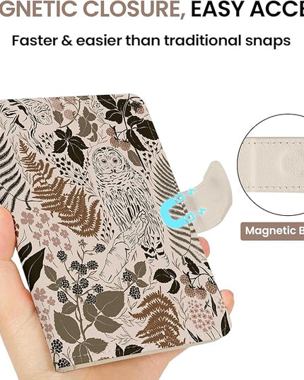 Passport Holder for Travel Essentials, RFID Blocking Leather Cover Wallet with Magnetic Closure, Aesthetic & Cute Passport Book Case for Women and Men - Owl