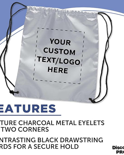 DISCOUNT PROMOS Custom Classic Polyester Drawstring Bagpack Set of 10/50/100, Personalized Bulk Pack - Great for Travelling, Gym and for Everyday Use - Silver