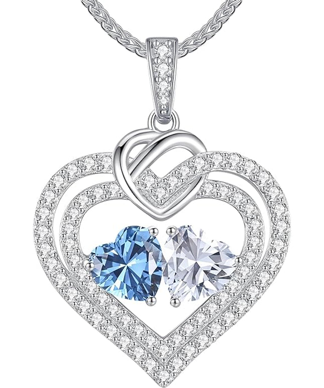 LOUISA SECRET Sparkling Double Heart Birthstone Necklaces for Women, 925 Sterling Silver Fine Jewelry, Pendant Heart Necklaces Birthday Anniversary Christmas Gift for Women Wife Mom Girlfriend Lady