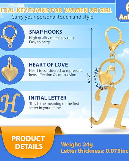 A-Z Heart Initial Letter Keychain, Stainless Steel Alphabet Charm for Handbags, Gift for Women and Girls