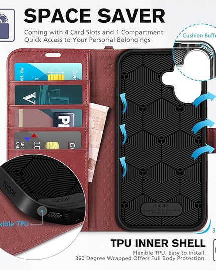 TUCCH Wallet Case for iPhone 16 with [Wrist Strap], Magnetic Closure RFID Blocking 4 Card Slot, Stand Shockproof TPU Shell PU Leather Folio Compatible with iPhone 16 2024, Dark Red with Wristlet