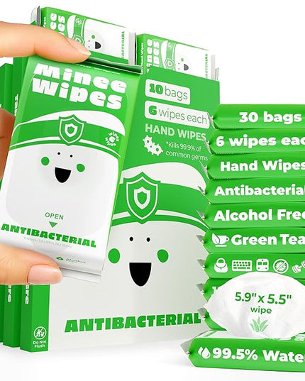 Impossibly Compact Travel Antibacterial Wipes Hand Sanitizer - 99.5% Water and Aloe - Safe for Sensitive Skin & Hypoallergenic Hand Wipes - Travel Essentials For Adults & Kids, 30 Pack Total 180 Wipe