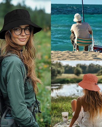 PFFY Quick Dry Waterproof Packable Bucket Hat for Women Men Outdoor Sun Hats with Detachable Chin Strap