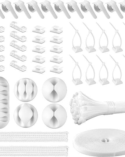 White Cable Management Organizer Kit, 2 Wire Sleeve Protector, 41 Self Adhesive Cable Clips Holder, 10pcs+2 Roll Reusable Cable Ties and 100 Cable Zip Ties for TV Computer Cord Tidy Under Desk
