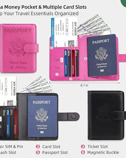 2 Pack Passport Holder for Travel with Slot for AirTag & Luggage Tag Cover, RFID Blocking Passport Holder for Women & Men | PU Leather Passport Cover with Pocket, Black & Pink