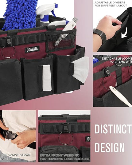 Wearable Cleaning Caddy Bag, Cleaning Caddy Supplies Organizer with Handle & Shoulder Straps for Housekeepers, Under Sink & Car Cleaning Tool Organizers with 4 Foldable Divider (Magenta)