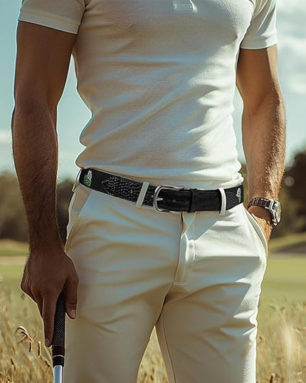Mile High Life Golf Belts for Men, Canvas Belt with Genuine Leather Tips, Embroidered 2 Layer Web Belt with Pin Buckle