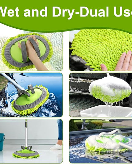 anngrowy 62" Microfiber Car Wash Brush Mop Kit Mitt Sponge with Long Handle Car Cleaning Supplies Kit Duster Washing Car Tools Accessories, 1 Chenille Scratch-Free Replacement Head Aluminum Alloy Pole