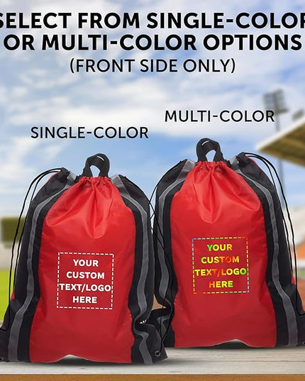 DISCOUNT PROMOS Custom Classic Polyester Drawstring Backpack Set of 10/50/100, Personalized Bulk Pack - Great for Travelling, Gym and for Everyday Use - Red