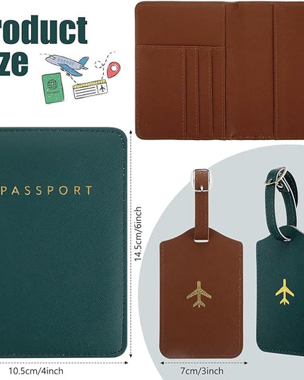 Weewooday 2 Set Mr and Mrs Passport Covers Holder and Luggage Tags Cute Leather Wallets Holder Travel Luggage Tags for Women Men Gift(Blackish Green, Brown)