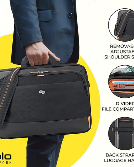 Solo New York Briefcase - Laptop Carrying Bag for Women & Men, Brief for Travel & Work, Internal Tablet Pocket, Adjustable Shoulder Strap, Fits 17.3" Computer - Focus, Black