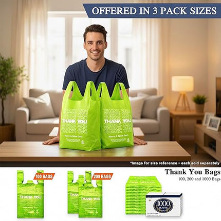 Green Thank you bags, 200PCS T shirt bags, To Go Bags,Grocery bags, Reusable and Disposable,Perfect for Small Business,Take Out,Retail, Large