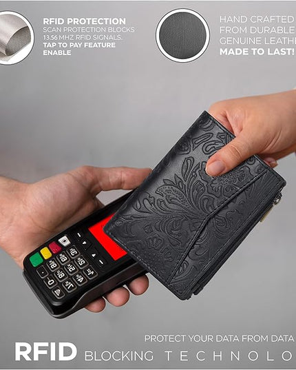 Oak Leathers Leather Wallet For Women - Small RFID Coin Purse Credit Card & ID Holder for Ladies, Gift for Women's, Bifold Wallets (Crazy Horse Black Flower)
