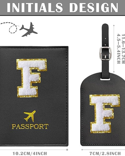 COSHAYSOO Black Passport Cover and Luggage Tag Set TSA Approved with Her Initial Chenille Letter Patch, Monogrammed Travel Bag Backpack Suitcase Identifier Gifts for Mom Women Teacher (F)