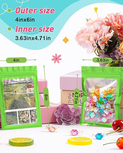 Funfery 300 Pack Smell Proof Resealable Bags for Food Storage,Holographic Bags 4x6 Green Mylar Clear Packaging Bag- Scent Proof for Cookies, Zip Foil Pouch for Small Business