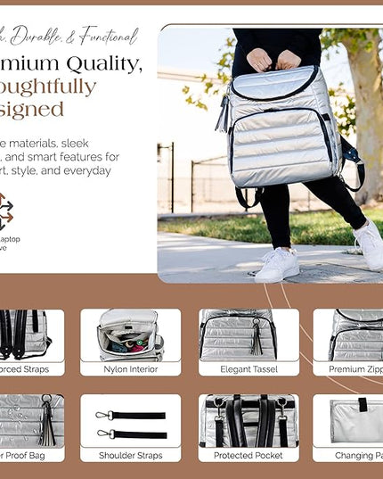 Citi Collective Gallery Diaper Bag Backpack - Casual Day-to-Day Backpack Fits 15" Laptop - Travel Bag with Multiple Compartments, Pockets, Portable Changing Pad, and Shoulder Strap-Silver