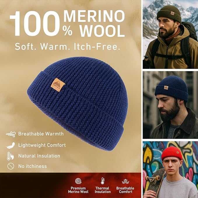 TOP-EX PolarWool™ 100% Merino Wool Fisherman Beanie Hat | Soft Single Layer Warm Short Sailor Trawler Cap for Men Women