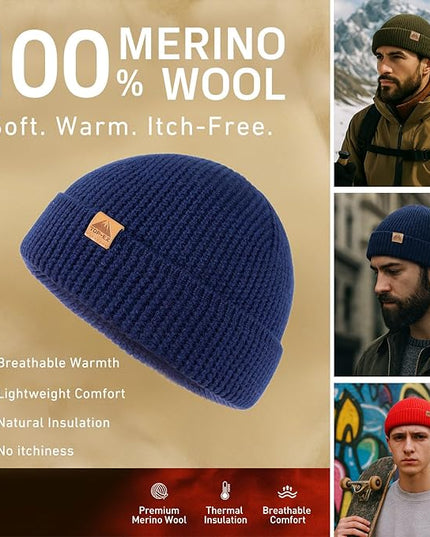 TOP-EX PolarWool™ 100% Merino Wool Fisherman Beanie Hat | Soft Single Layer Warm Short Sailor Trawler Cap for Men Women