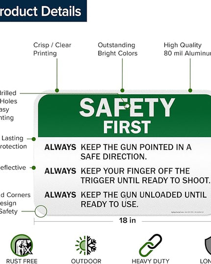 Safety First Always Keep The Gun Pointed In A Safe Direction Sign, 12x18 Inches, 3M EGP Reflective .063 Aluminum, Fade Resistant, Made in USA by My Sign Center