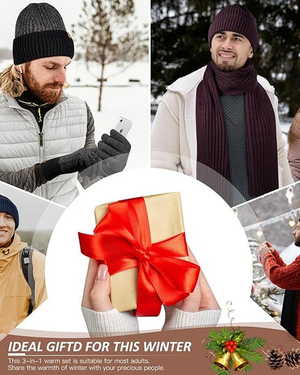 Men Women Winter Beanie Hats Scarf with Touchscreen Gloves Warm Knit Themal Gloves Long Scarf Set with Fleece Lined