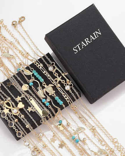 Starain 12Pcs Summer Beach Anklets for Women Waterproof Gold Silver Chain Ankle Bracelets Cute Women's Foot Anklet Set 7.9-10.5 inch Adjustable