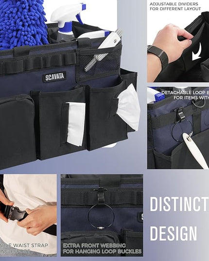 Wearable Cleaning Caddy Bag, Cleaning Caddy Supplies Organizer with Handle & Shoulder Straps for Housekeepers, Under Sink & Car Cleaning Tool Organizers with 4 Foldable Divider Navy (DarkBlue)