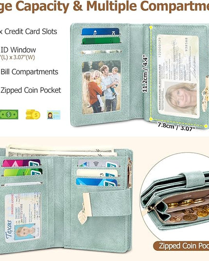 HUANLANG Small Women's Wallet Rfid Blocking Leather Bifold Credit Card Holder Ladies Wallet Zipper Pocket with ID Window