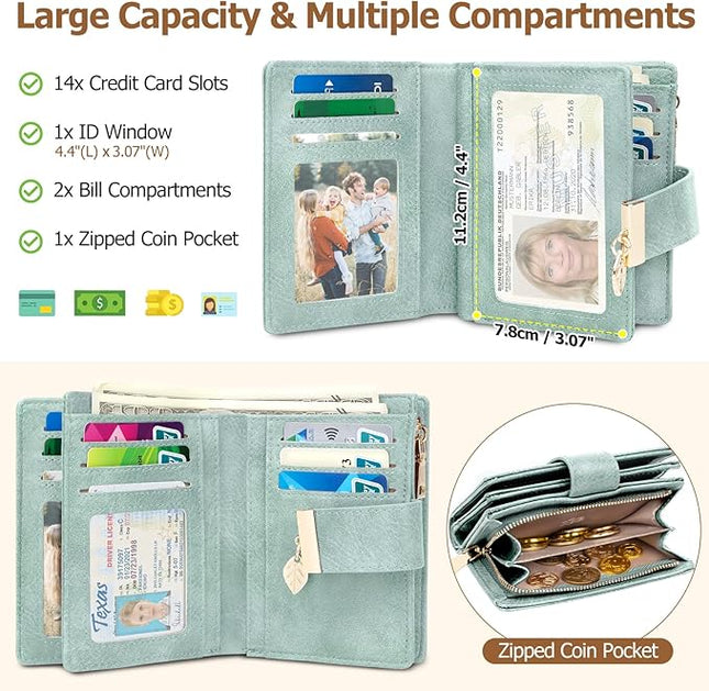HUANLANG Small Women's Wallet Rfid Blocking Leather Bifold Credit Card Holder Ladies Wallet Zipper Pocket with ID Window
