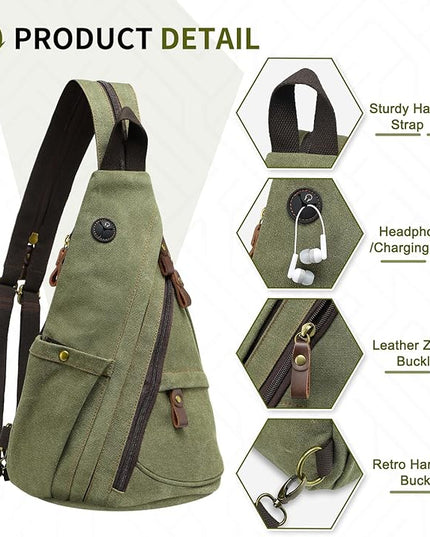 Vintage Canvas Sling Bag with Genuine Leather Zipper, 3 in 1 Crossbody, Backpack, and Chest Bag, for Travel, Hiking, 16x10x6 Inches, Green