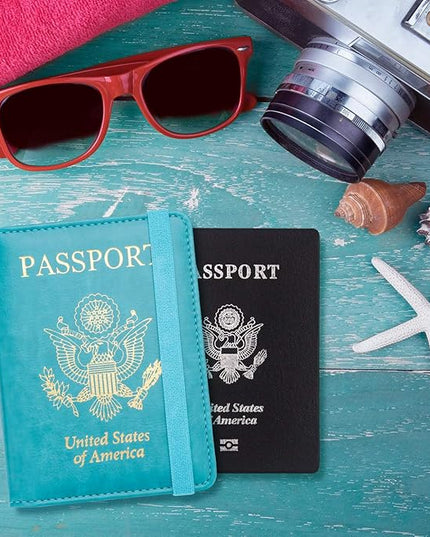 WALNEW Passport Holder for Travel, RFID Passport Cover Wallet for Women Men, PU Leather Passport Book Card Holder Case with Pen, Travelling Essentials for Flying