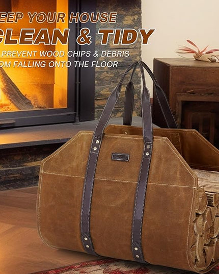 Canvas Firewood Log Carrier Bag, Waxed Durable Wood Tote of Fireplace Stove Accessories, Extra Large Hay Hauling with Handles for Outdoor Camping-Rust