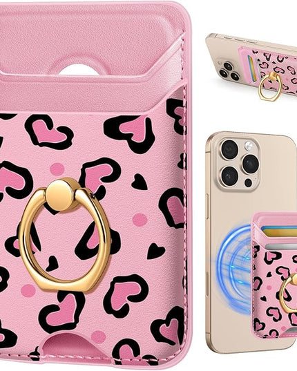 Shorogyt Compatible with Magsafe Wallet Magnetic Card Holder - Phone Wallets with Ring Grip Stand Cute Fashion for iPhone 17/16/15/14/13/12 Series for Women Girls Heart Row Design, Fit 3 Cards
