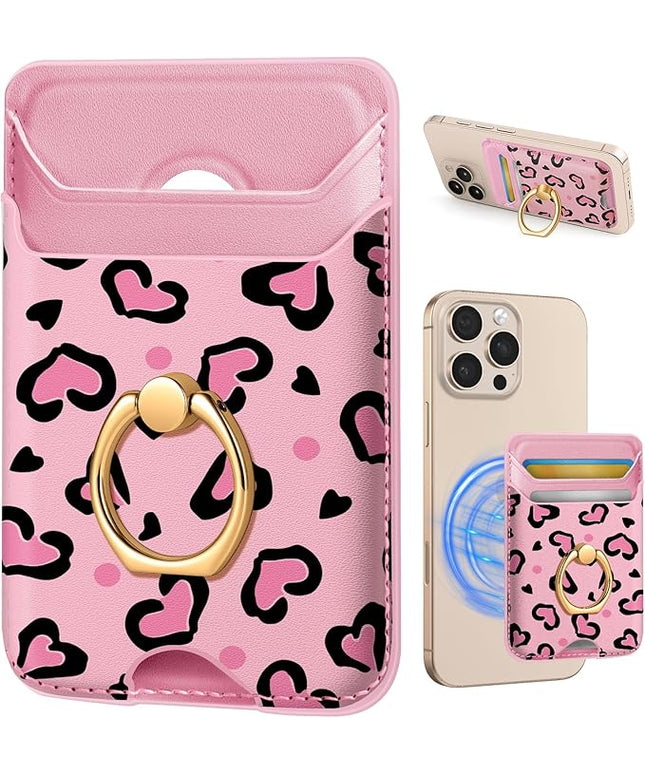 Shorogyt Compatible with Magsafe Wallet Magnetic Card Holder - Phone Wallets with Ring Grip Stand Cute Fashion for iPhone 17/16/15/14/13/12 Series for Women Girls Heart Row Design, Fit 3 Cards