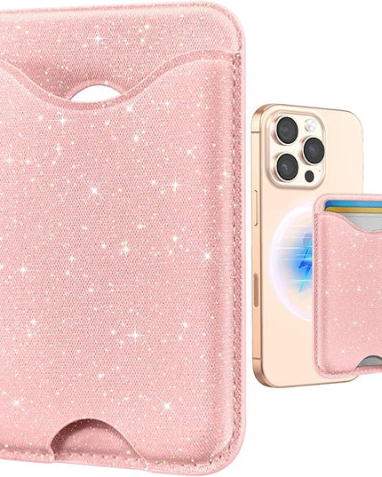 Shorogyt Phone Wallets Compatible with Magsafe Wallet Glitter - Magnetic Card Holder Light Pk for Women Teen Girls for iPhone 17/16/15/14/13/12 Series Slim for Apple Mag RFID Magnet, Fit 3 Cards