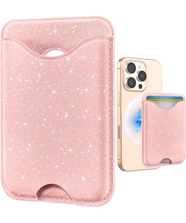 Shorogyt Phone Wallets Compatible with Magsafe Wallet Glitter - Magnetic Card Holder Light Pk for Women Teen Girls for iPhone 17/16/15/14/13/12 Series Slim for Apple Mag RFID Magnet, Fit 3 Cards