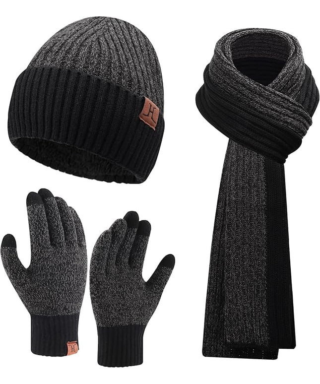 FZ FANTASTIC ZONE Mens Winter Knit Hat Beanie Long Neck Scarf Touchscreen Gloves Set Fleece Skull Caps Gifts for Men Women