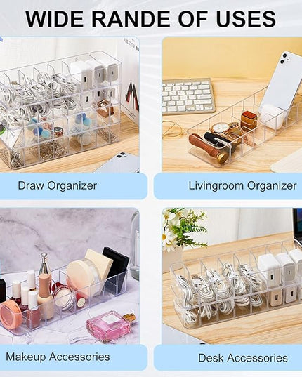 Tatuo 4 Pcs Cable Organizer with 40 Wire Ties, Plastic Cord Storage Charger Box Electronics Organizer with Adjustment Compartments Cable Storage for Drawer Home Office Desk Accessories (Clear)